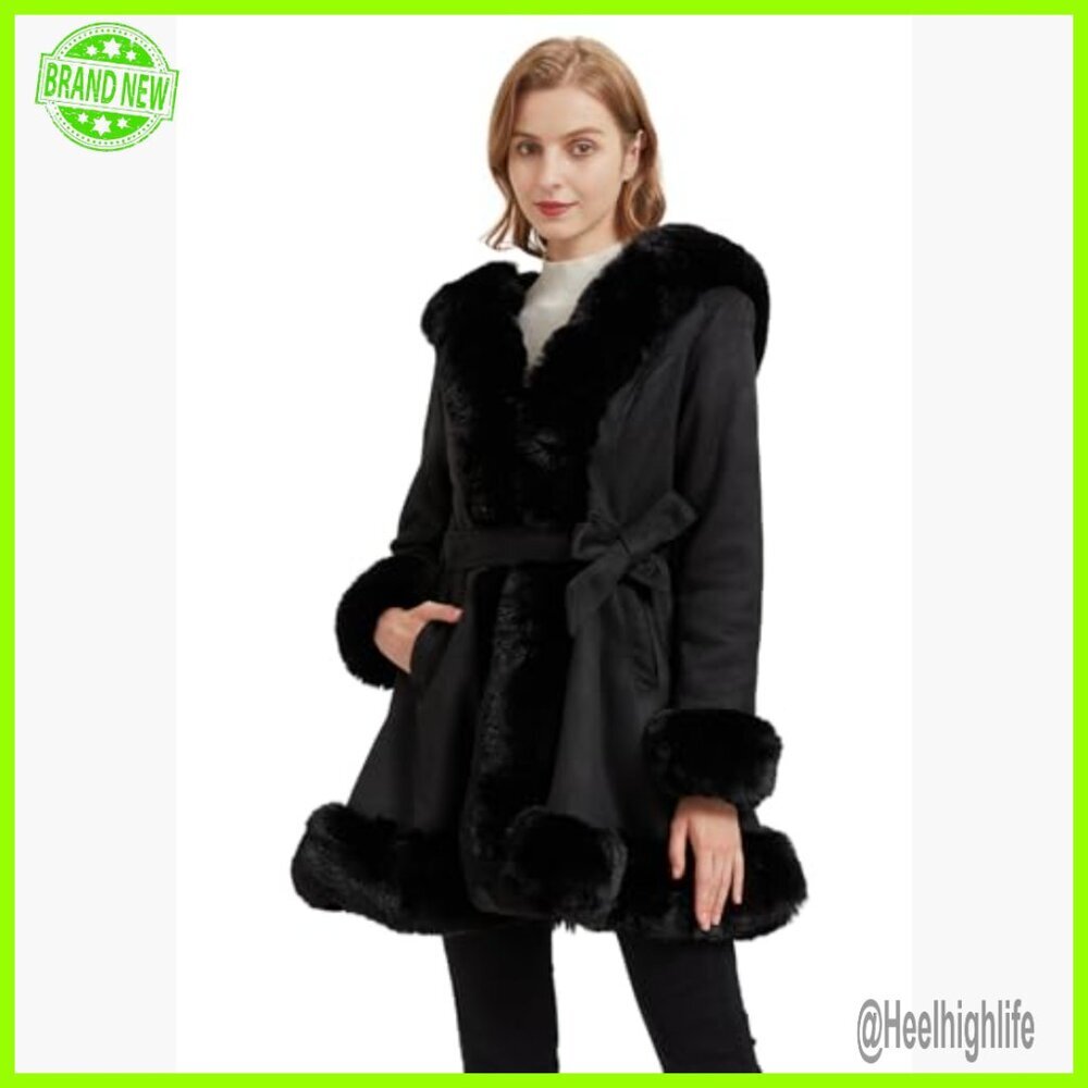 Slim Fit Faux Fur Collar Trench Coat with Belt, Long Sleeve Winter Parka - Picture 2 of 6